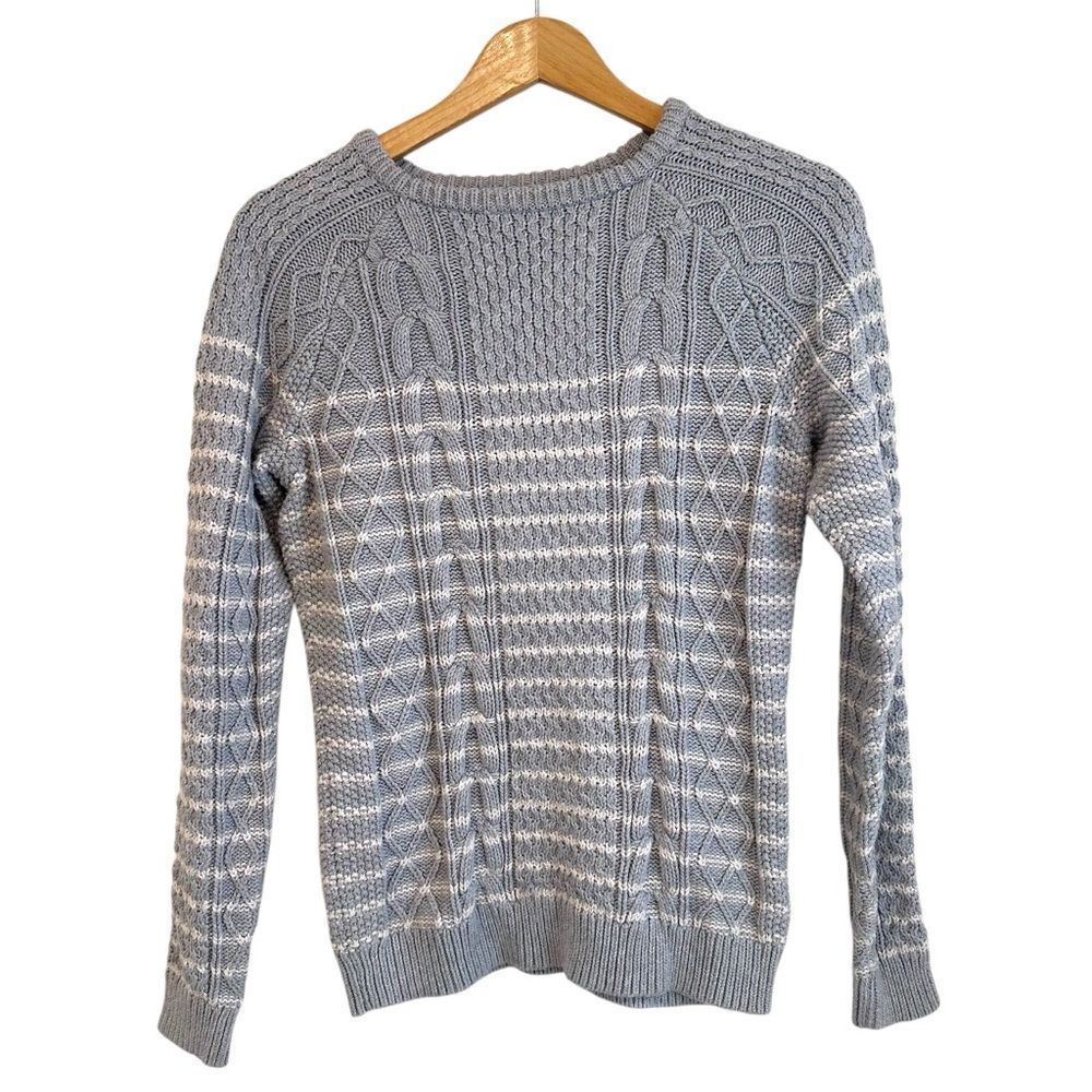 Vineyard Vines Grey, White Cotton Striped Preppy Cable Knit Crewneck Sweater